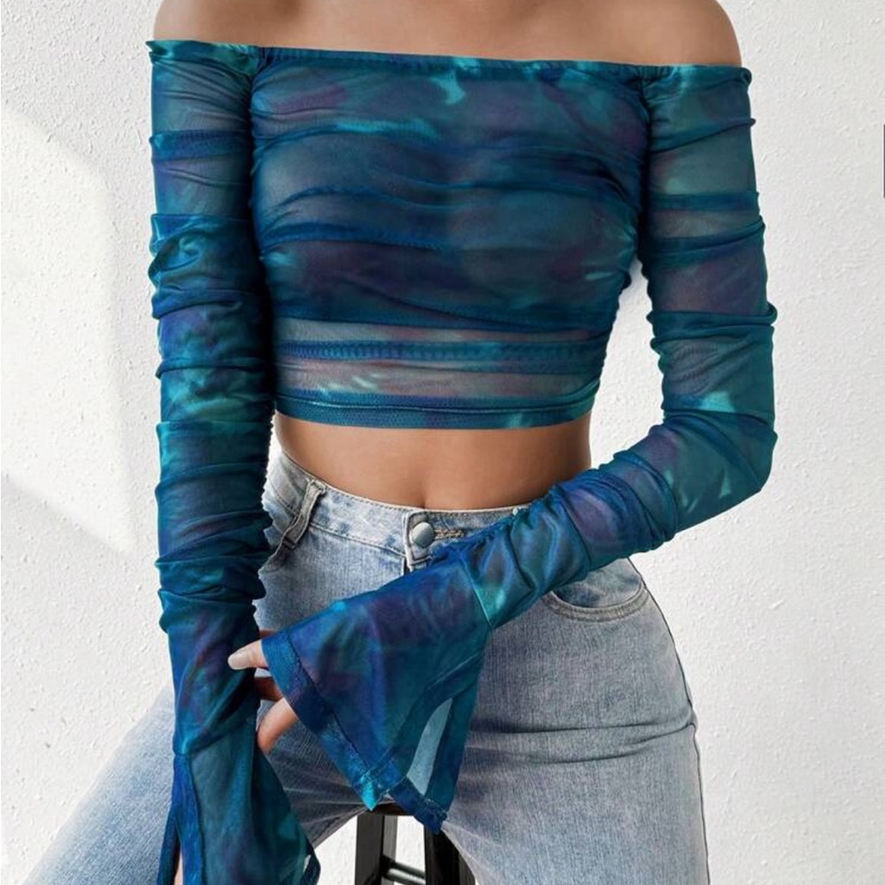 shein tie dye mesh off the shoulder long sleeve top